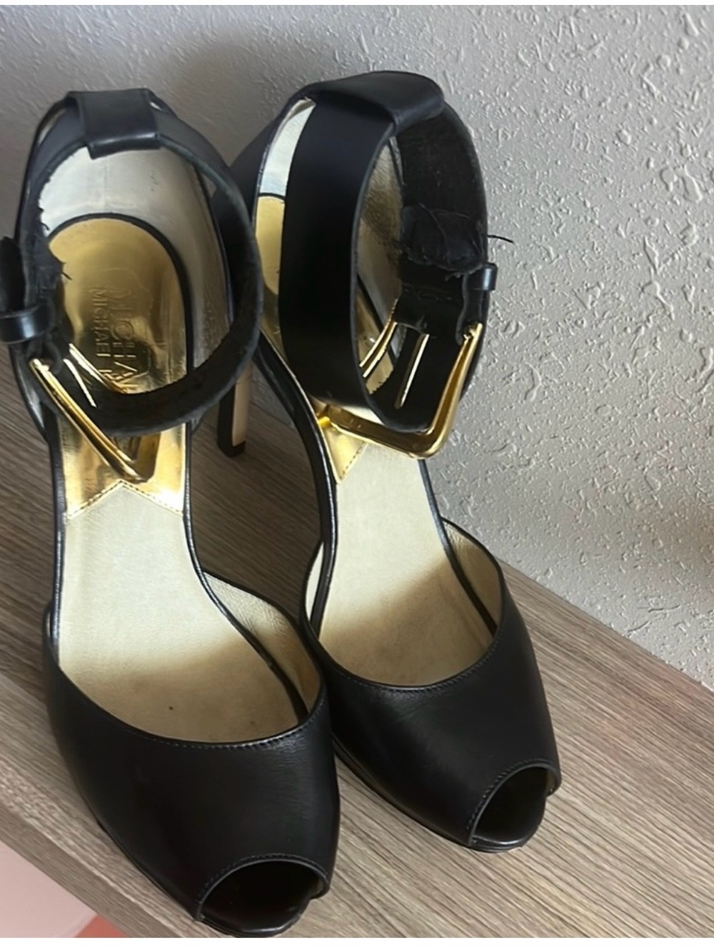 Michael Kors Black Peep Toe Ankle Strap Heels with Gold Buckle